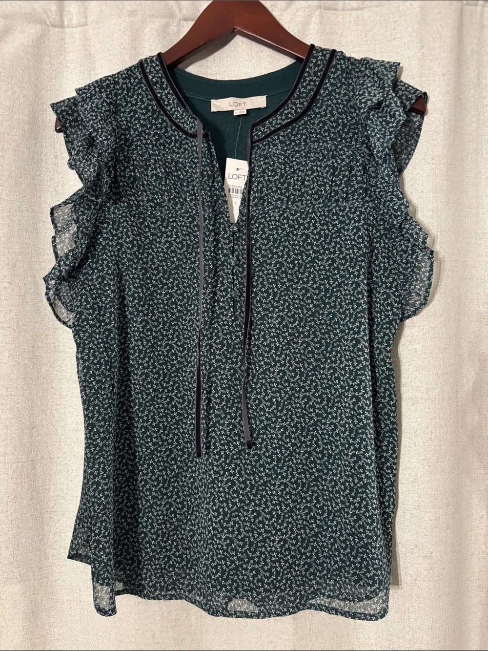 NWT LOFT Forest Green Floral Ruffle Tie-Neck Blouse